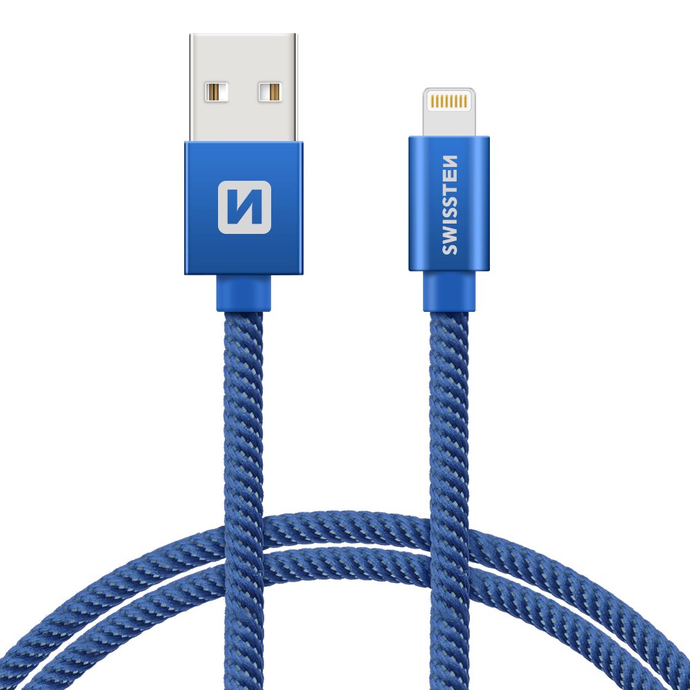 Cablu de date Swissten textil USB / Lightning 1,2 m albastru thumb