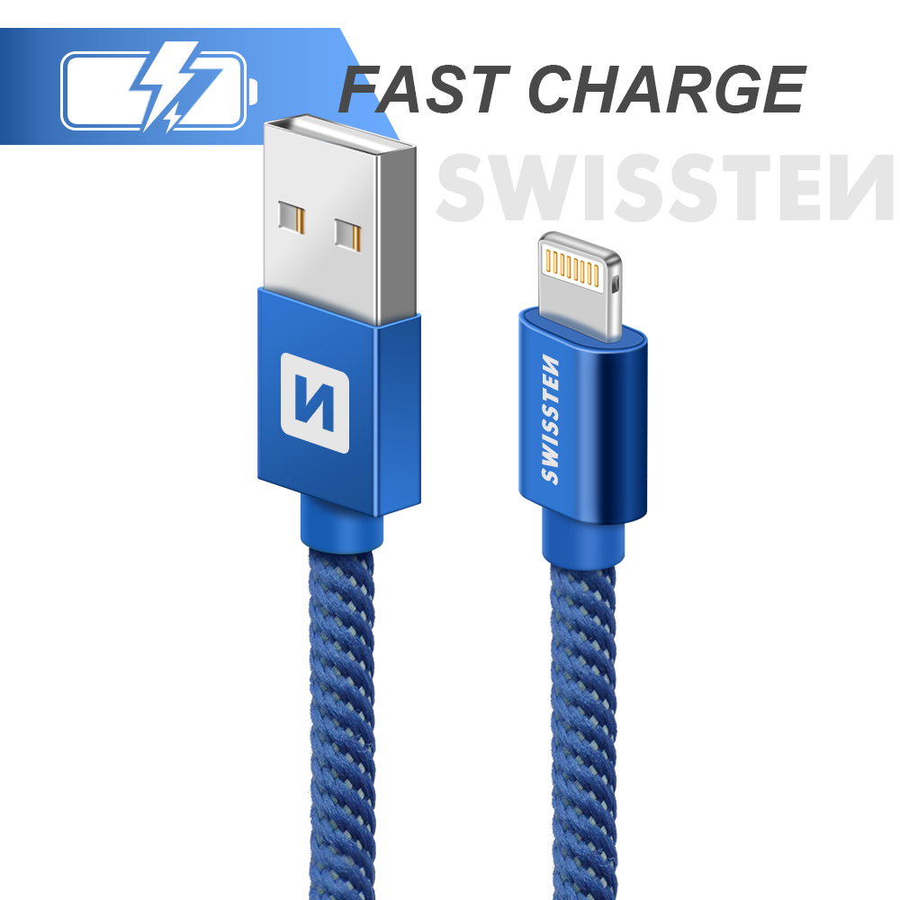 Cablu de date Swissten textil USB / Lightning 1,2 m albastru thumb