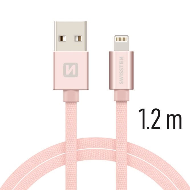 Cablu de date Swissten textil USB / Lightning 1,2 m ROZ / Auriu thumb