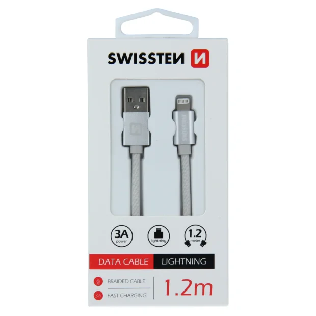 Cablu de date Swissten textil USB / Lightning 1,2 m Argintiu