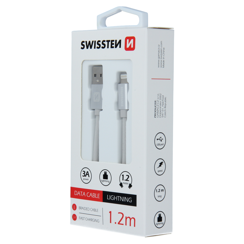 Cablu de date Swissten textil USB / Lightning 1,2 m Argintiu thumb