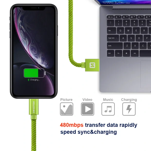 Cablu de date Swissten textil USB / Lightning 1,2 m verde