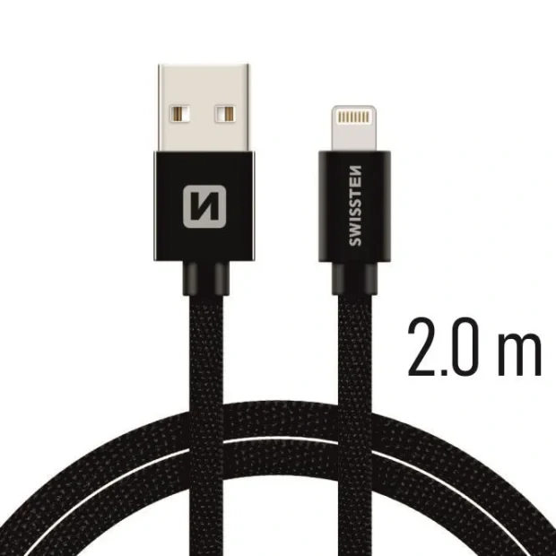 Cablu de date Swissten textil USB / Lightning 2,0 m Negru