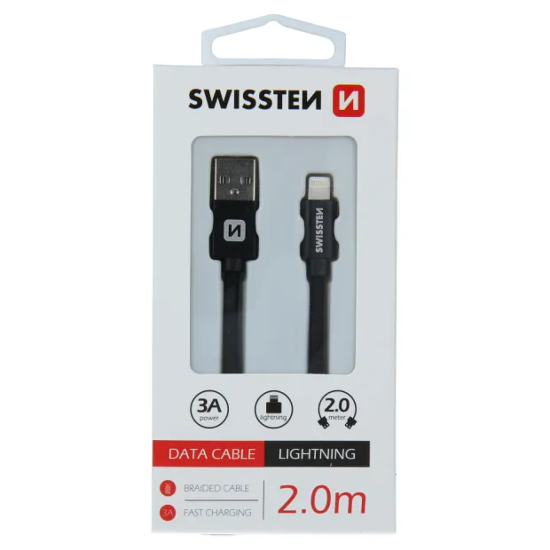 Cablu de date Swissten textil USB / Lightning 2,0 m Negru