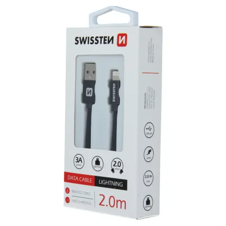Cablu de date Swissten textil USB / Lightning 2,0 m Negru