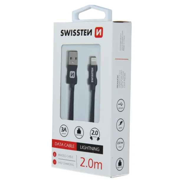 Cablu de date Swissten textil USB / Lightning 2,0 m Negru