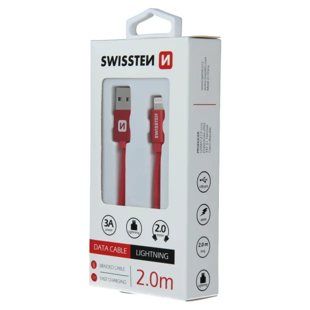 Cablu de date Swissten textil USB / Lightning 2,0 m Rosu