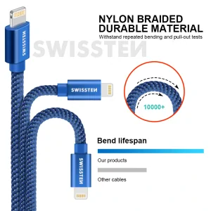 Cablu de date Swissten textil USB / Lightning 2,0 m albastru