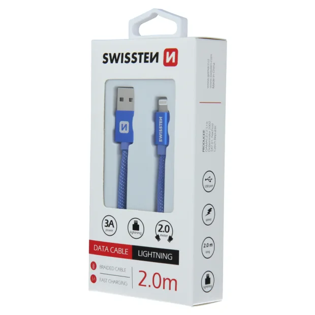 Cablu de date Swissten textil USB / Lightning 2,0 m albastru