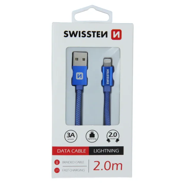 Cablu de date Swissten textil USB / Lightning 2,0 m albastru