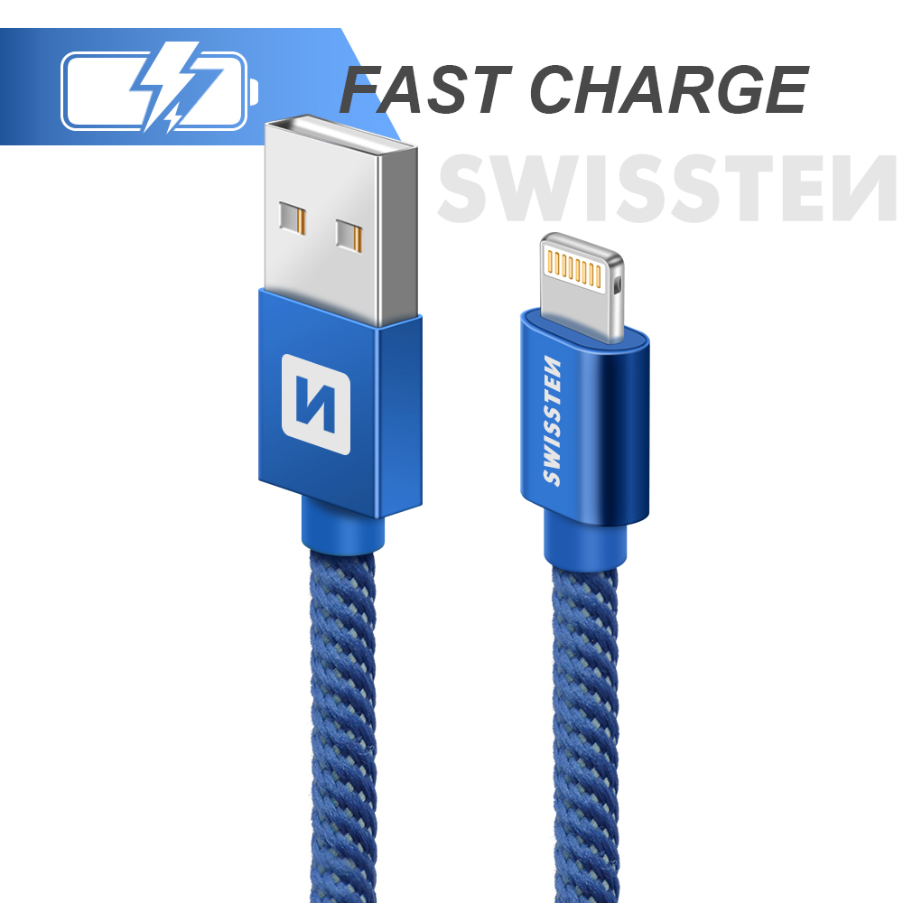 Cablu de date Swissten textil USB / Lightning 2,0 m albastru thumb