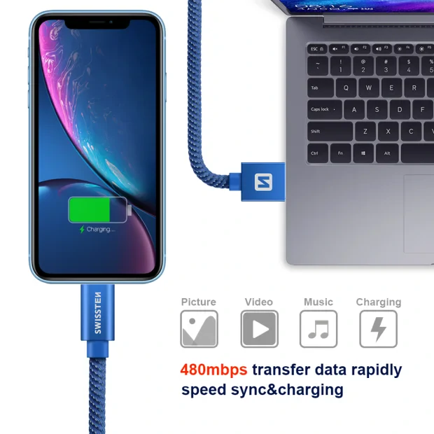 Cablu de date Swissten textil USB / Lightning 2,0 m albastru