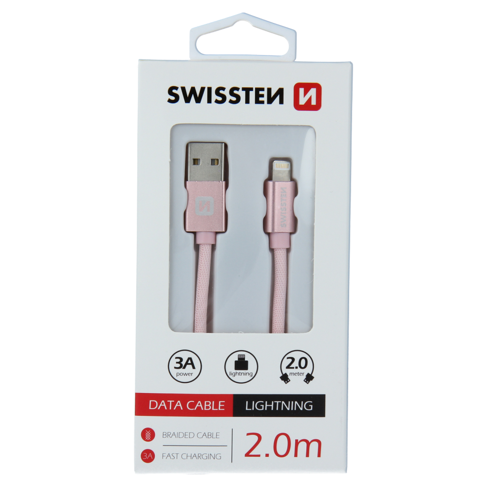 Cablu de date Swissten textil USB / Lightning 2,0 m ROZ / Auriu thumb