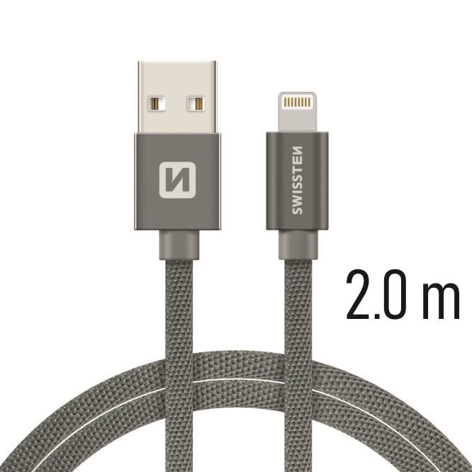 Cablu de date Swissten textil USB / Lightning 2,0 m gri thumb