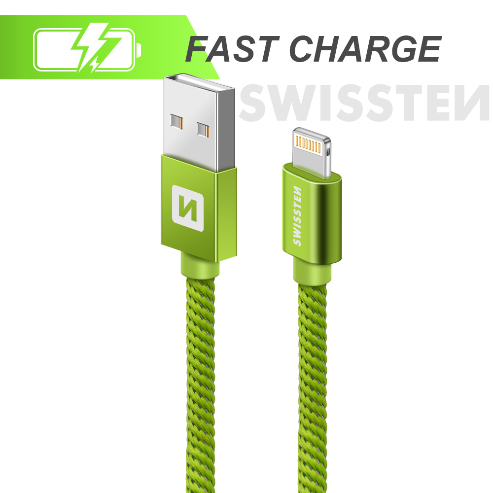 Cablu de date Swissten textil USB / Lightning 2,0 m verde thumb