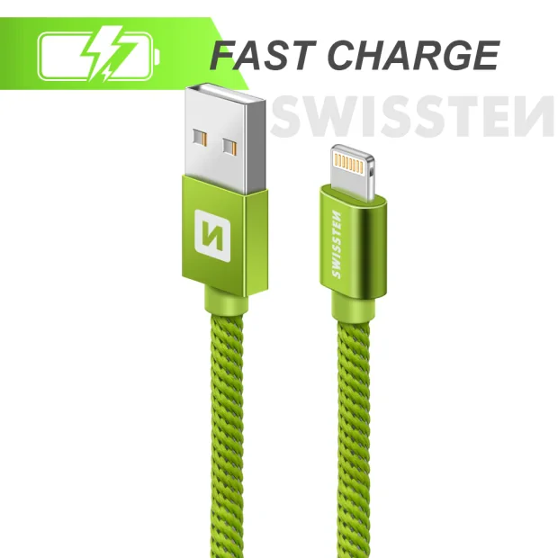 Cablu de date Swissten textil USB / Lightning 2,0 m verde