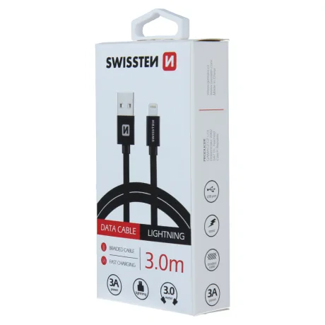 Cablu de date Swissten textil USB / Lightning 3,0 m Negru