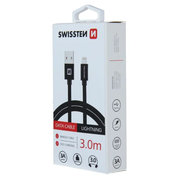 Cablu de date Swissten textil USB / Lightning 3,0 m Negru