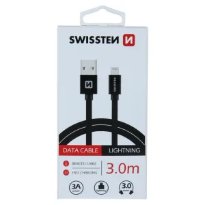 Cablu de date Swissten textil USB / Lightning 3,0 m Negru