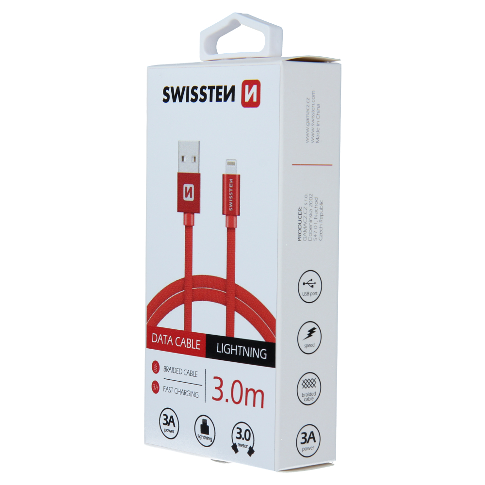 Cablu de date Swissten textil USB / Lightning 3,0 m Rosu thumb