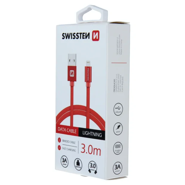 Cablu de date Swissten textil USB / Lightning 3,0 m Rosu