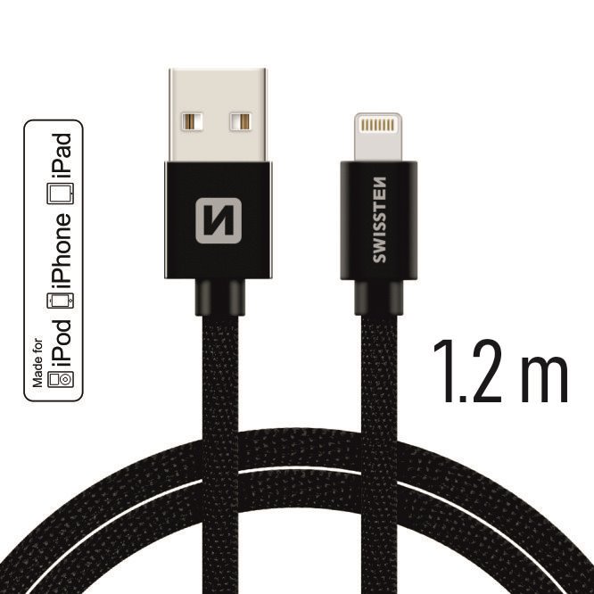 Cablu de date Swissten textil USB / Lightning MFI 1,2 m Negru thumb