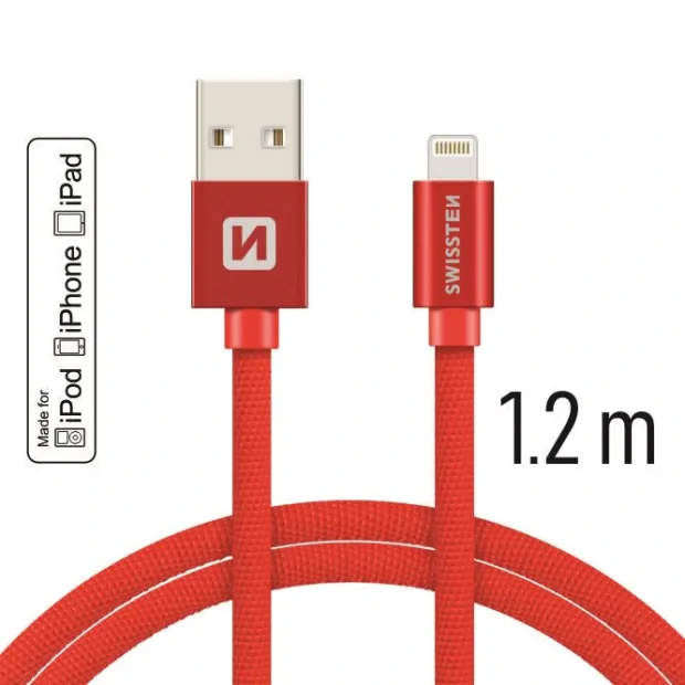 Cablu de date Swissten textil USB / Lightning MFI 1,2 m Rosu