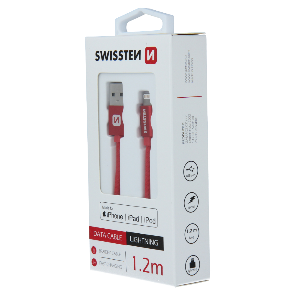Cablu de date Swissten textil USB / Lightning MFI 1,2 m Rosu thumb