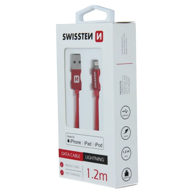 Cablu de date Swissten textil USB / Lightning MFI 1,2 m Rosu