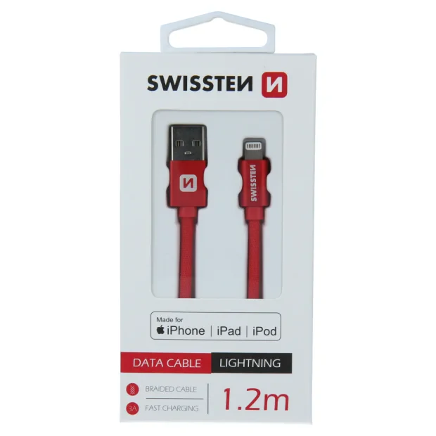 Cablu de date Swissten textil USB / Lightning MFI 1,2 m Rosu