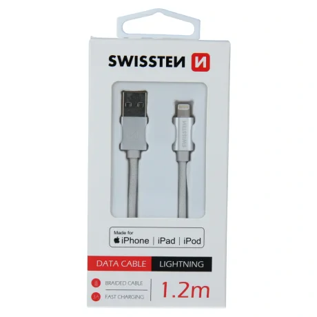 Cablu de date Swissten textil USB / Lightning MFI 1,2 m Argintiu