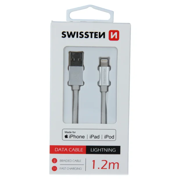 Cablu de date Swissten textil USB / Lightning MFI 1,2 m Argintiu
