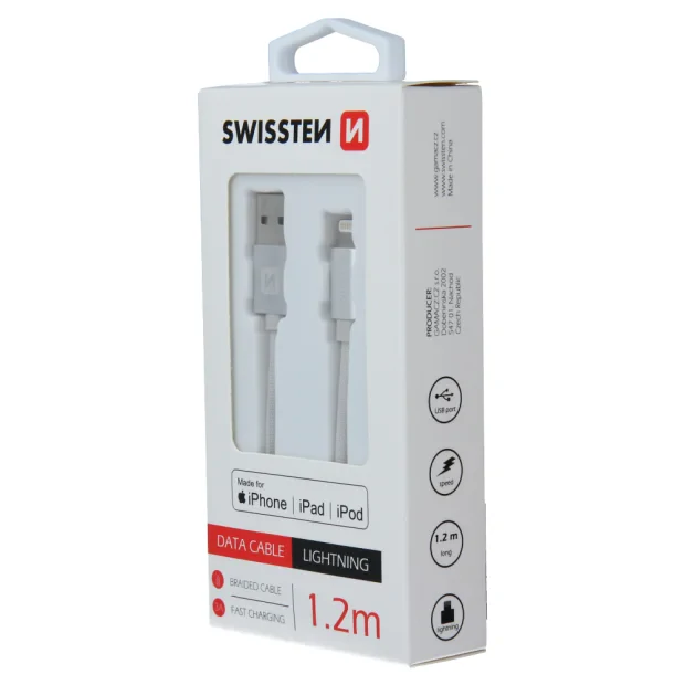 Cablu de date Swissten textil USB / Lightning MFI 1,2 m Argintiu