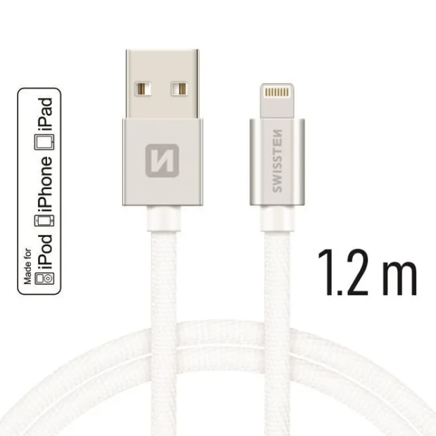 Cablu de date Swissten textil USB / Lightning MFI 1,2 m Argintiu
