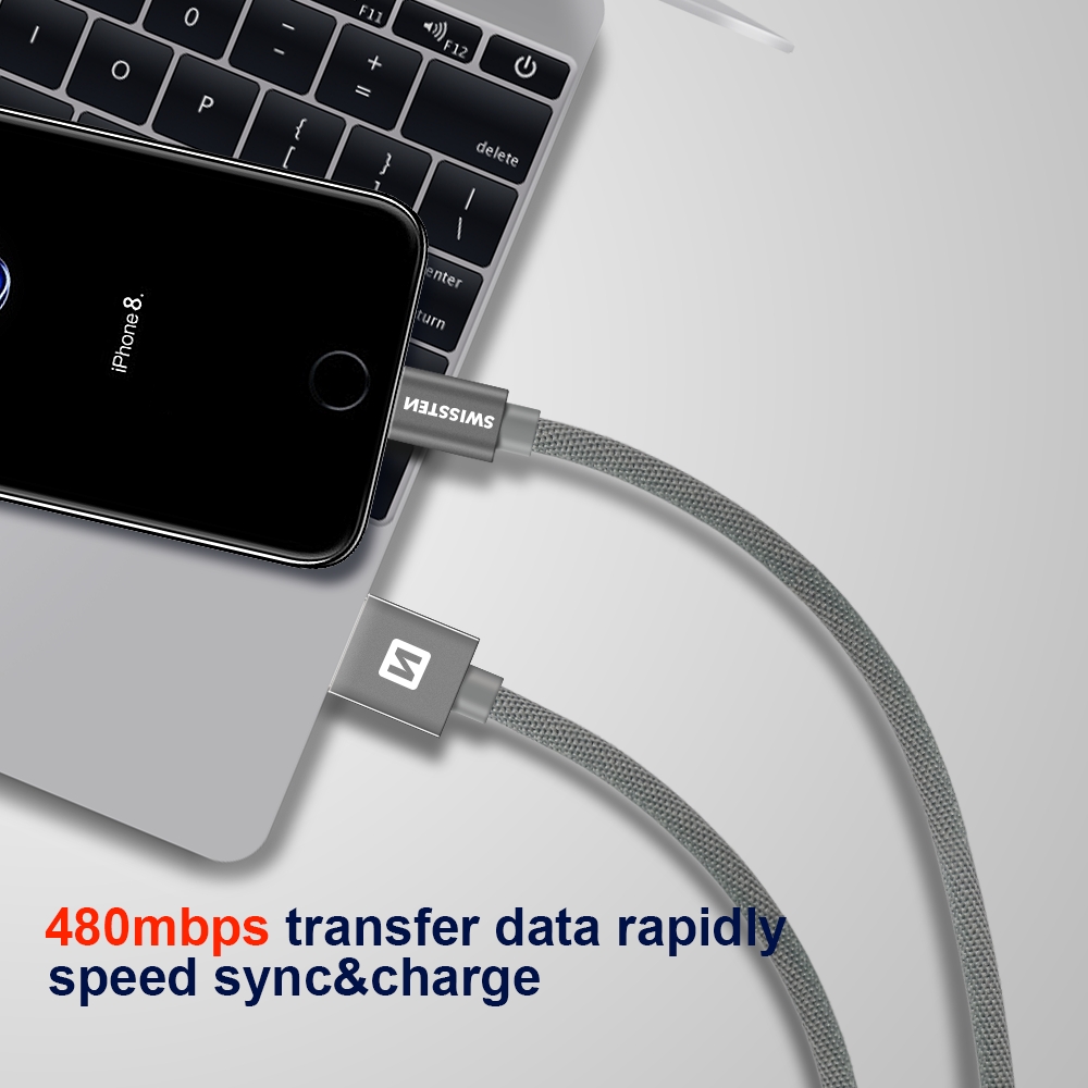 Cablu de date Swissten textil USB / Lightning MFI 1,2 m Argintiu thumb