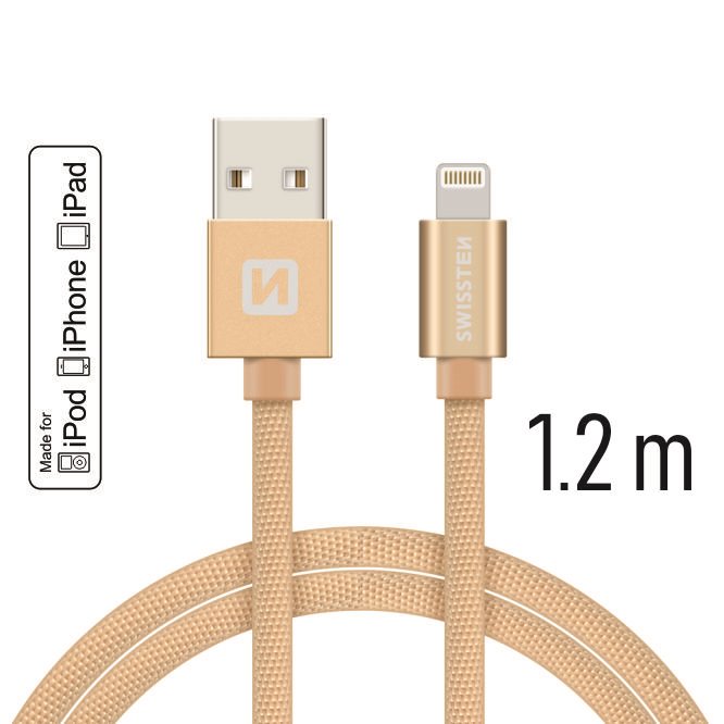 Cablu de date Swissten textil USB / Lightning MFI 1,2 m Auriu thumb