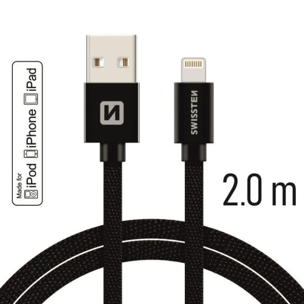 Cablu de date Swissten textil USB / Lightning MFI 2.0 M Negru