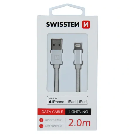 Cablu de date Swissten textil USB / Lightning MFI 2,0 m Argintiu