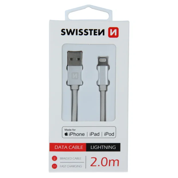 Cablu de date Swissten textil USB / Lightning MFI 2,0 m Argintiu