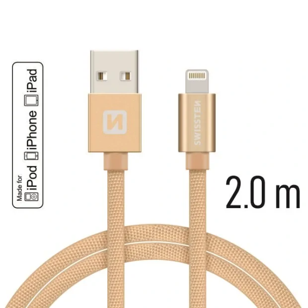 Cablu de date Swissten textil USB / Lightning MFI 2,0 m Auriu