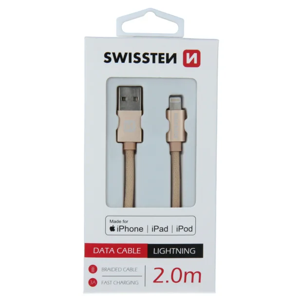 Cablu de date Swissten textil USB / Lightning MFI 2,0 m Auriu