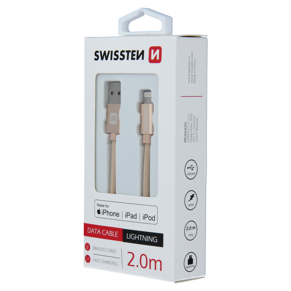 Cablu de date Swissten textil USB / Lightning MFI 2,0 m Auriu thumb