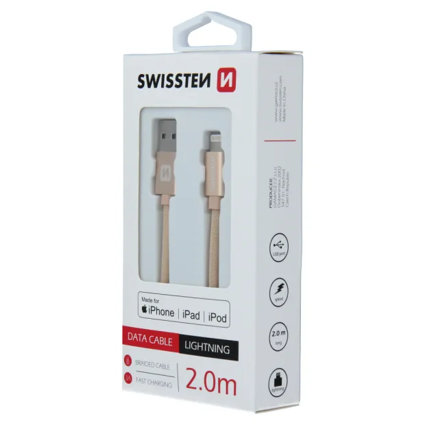 Cablu de date Swissten textil USB / Lightning MFI 2,0 m Auriu