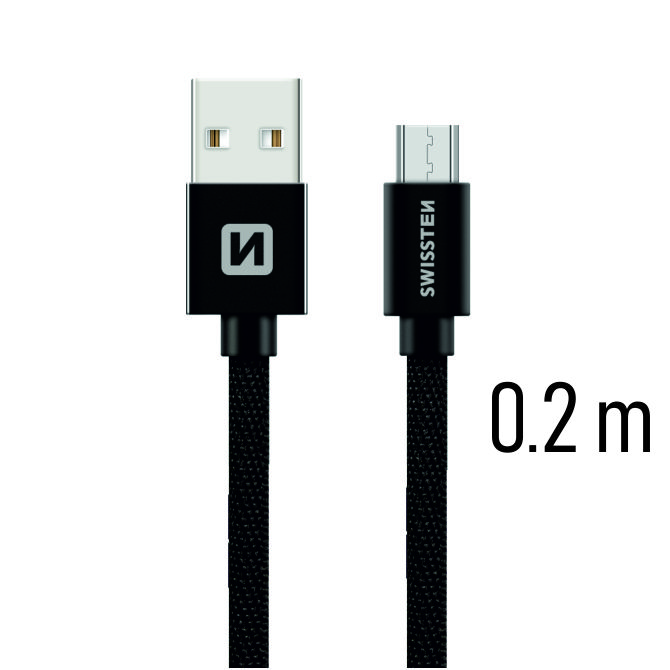 Cablu de date Swissten textil USB / Micro USB 0,2 M Negru thumb