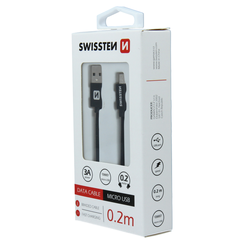 Cablu de date Swissten textil USB / Micro USB 0,2 M Negru thumb