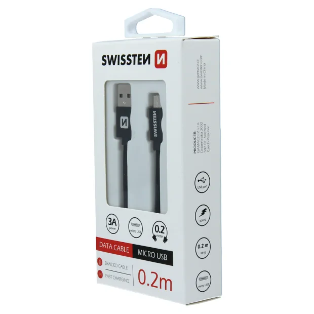 Cablu de date Swissten textil USB / Micro USB 0,2 M Negru