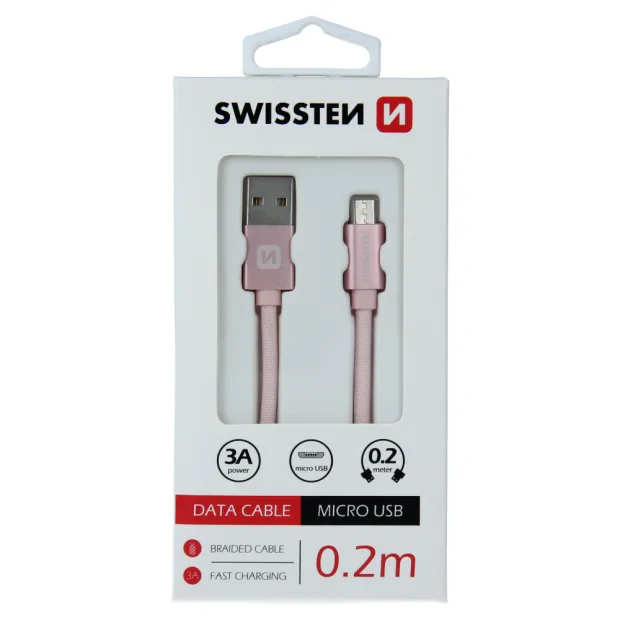 Cablu de date Swissten textil USB / Micro USB 0,2 m ROZ / Auriu