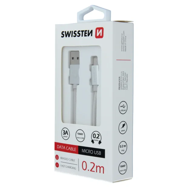 Cablu de date Swissten textil USB / Micro USB 0,2 m Argintiu