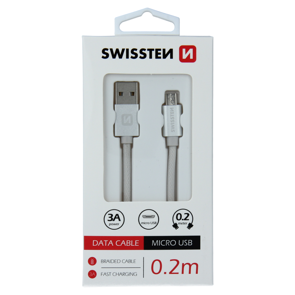 Cablu de date Swissten textil USB / Micro USB 0,2 m Argintiu thumb