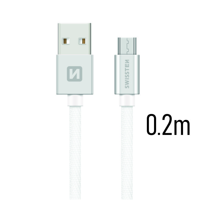 Cablu de date Swissten textil USB / Micro USB 0,2 m Argintiu thumb